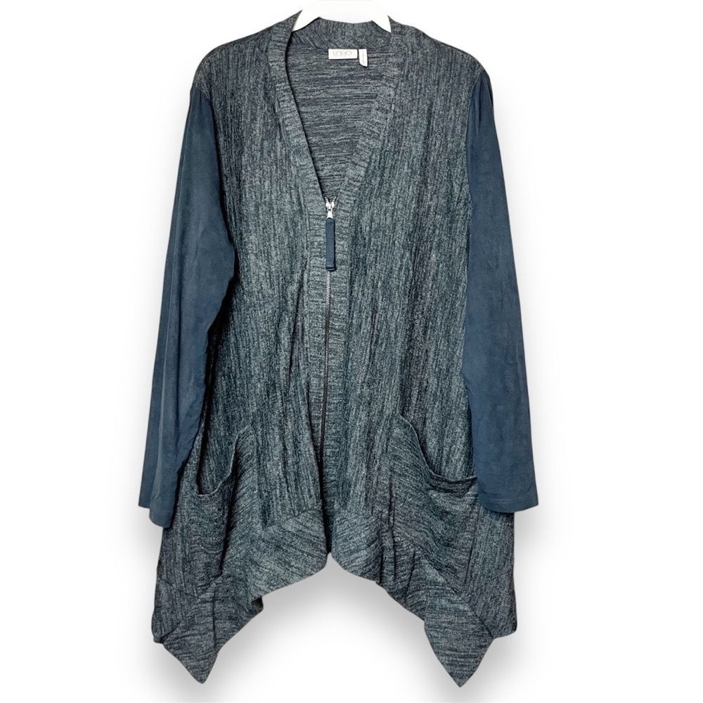 LOGO Lori Goldstein Lightweight Zip Jacket Large flowy gray blue pockets stretch